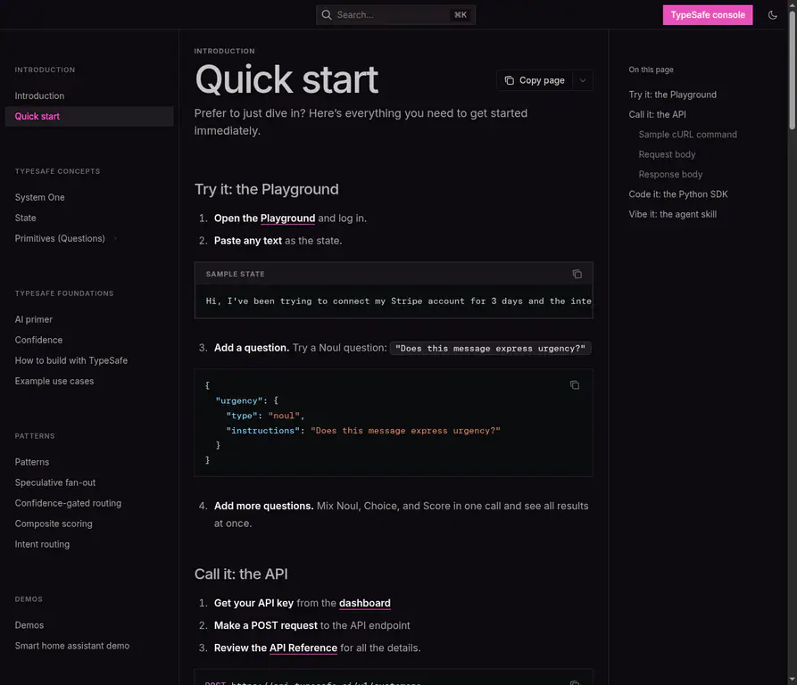 The current Quick start shows the same state-plus-questions pattern used in the API example.
