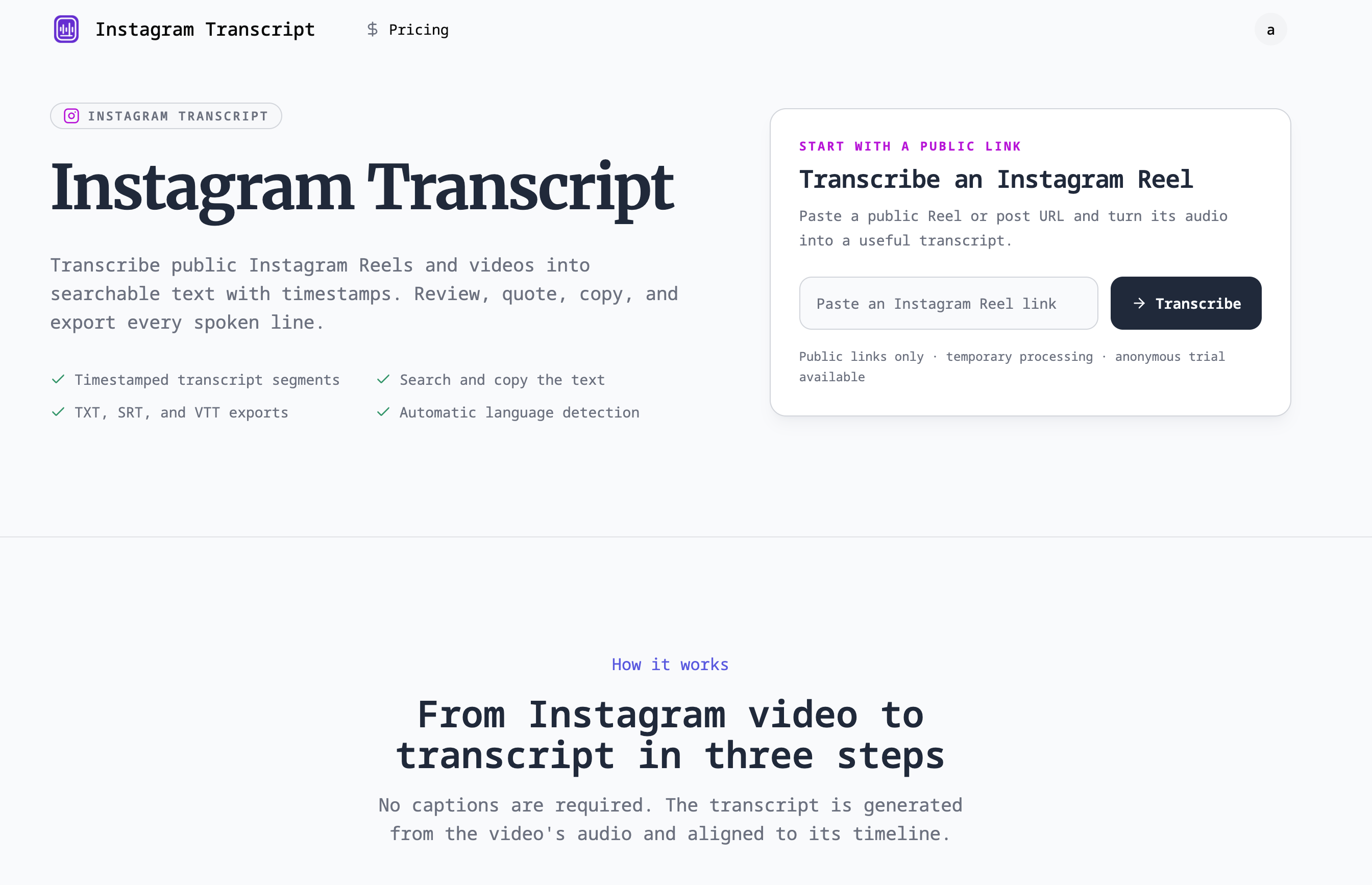 Instagram Transcript Generator product preview
