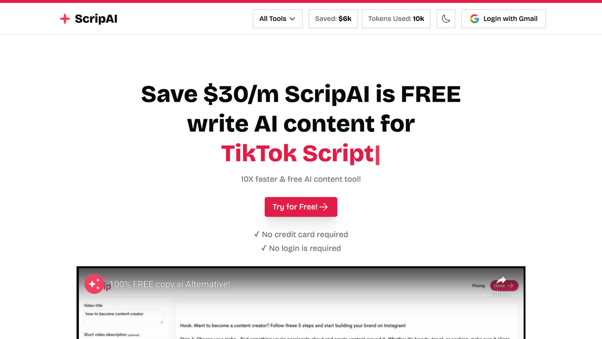 Scrip AI - Free AI writer 100% FREE - No Login required interface preview: Boost your productivity with 100+ FREE AI tools. Create social media content, blog posts, emails, and...